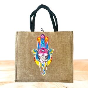 Handcrafted burlap fabric reusable everyday tote bag stamped hamsa